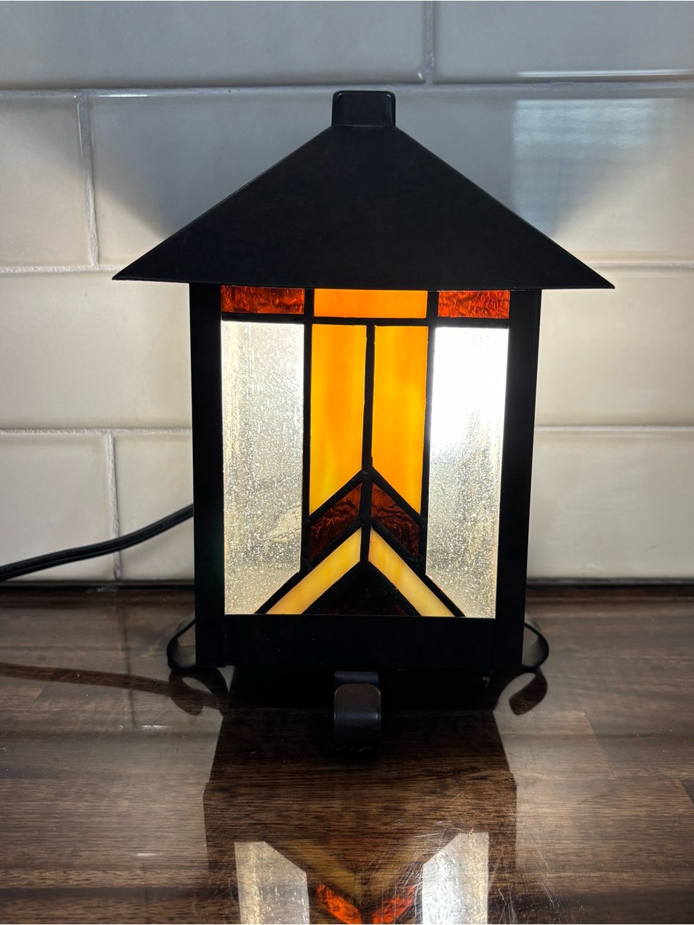Amber and Black Stained Glass Lantern Accent Lamp - Craftsman Style